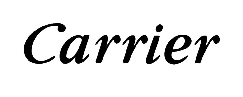 Carrier text logo on a gray background. Carrier is a brand that specializes in HVAC, refrigeration, and fire and security solutions.