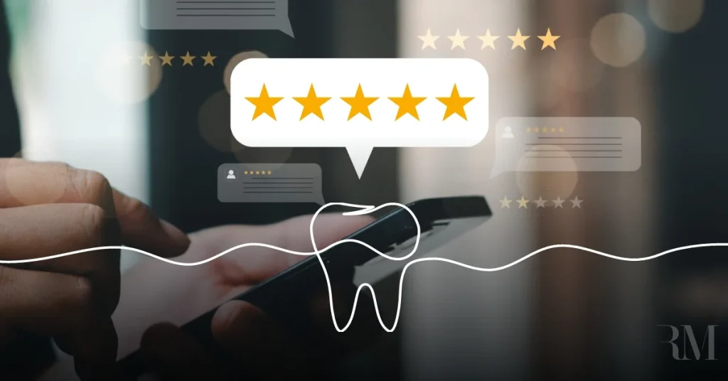 Checking online reviews for a dentist. Five star rating on a mobile device. Good for dental services and improved oral health.