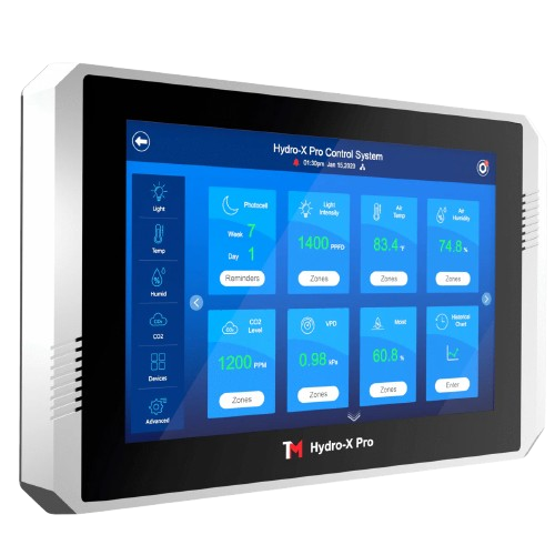 Hydro-X Pro control system displaying temperature, humidity, and CO2 levels, essential for humidifier and dehumidifier service in the DMV.