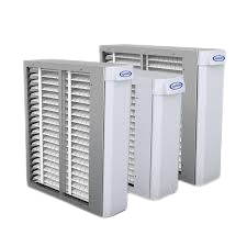 Air cleaning systems showcase: three industrial air filters, vital for improving indoor air quality in industrial and commercial settings.