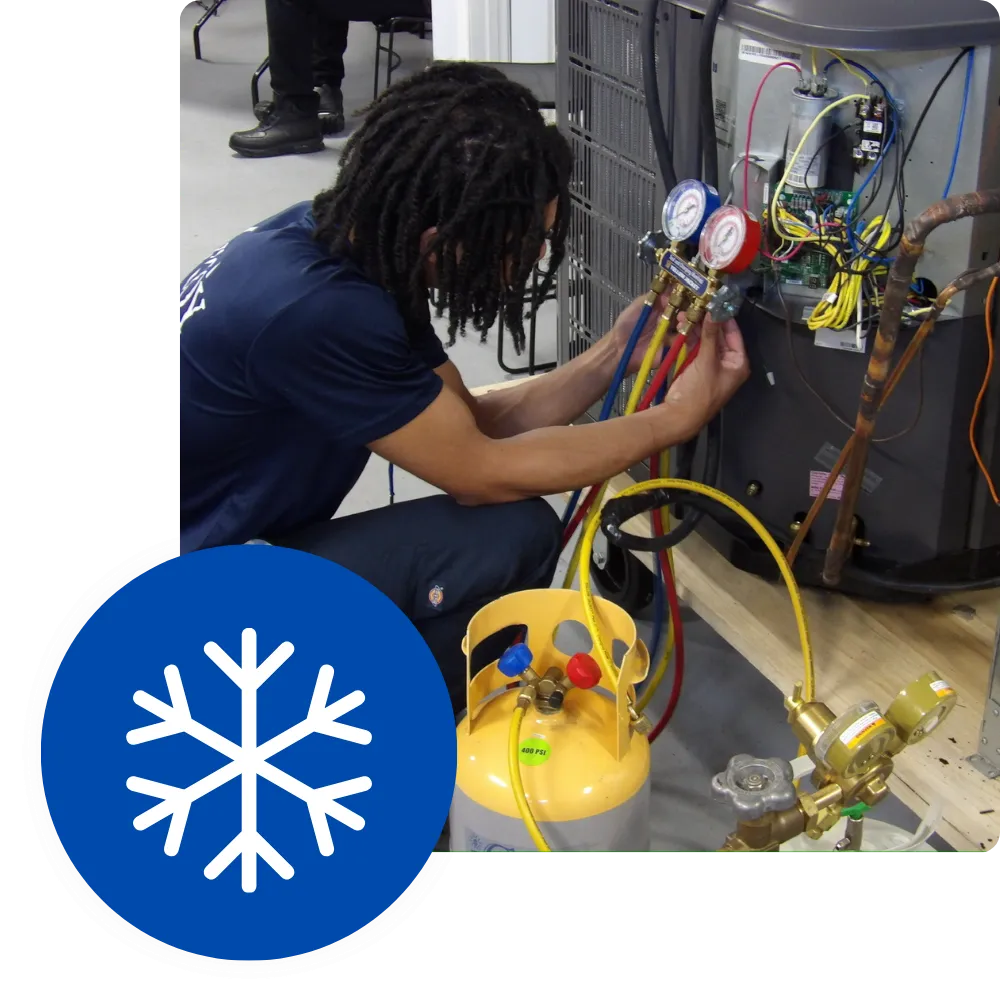 HVAC technician performs maintenance on an AC unit with gauges and refrigerant tank, showcasing Main Homepage services. Air conditioning work.
