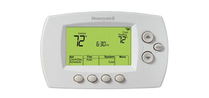 Honeywell programmable thermostat displaying the temperature and time for energy-efficient climate control in DC homes. Set your ideal temperature.
