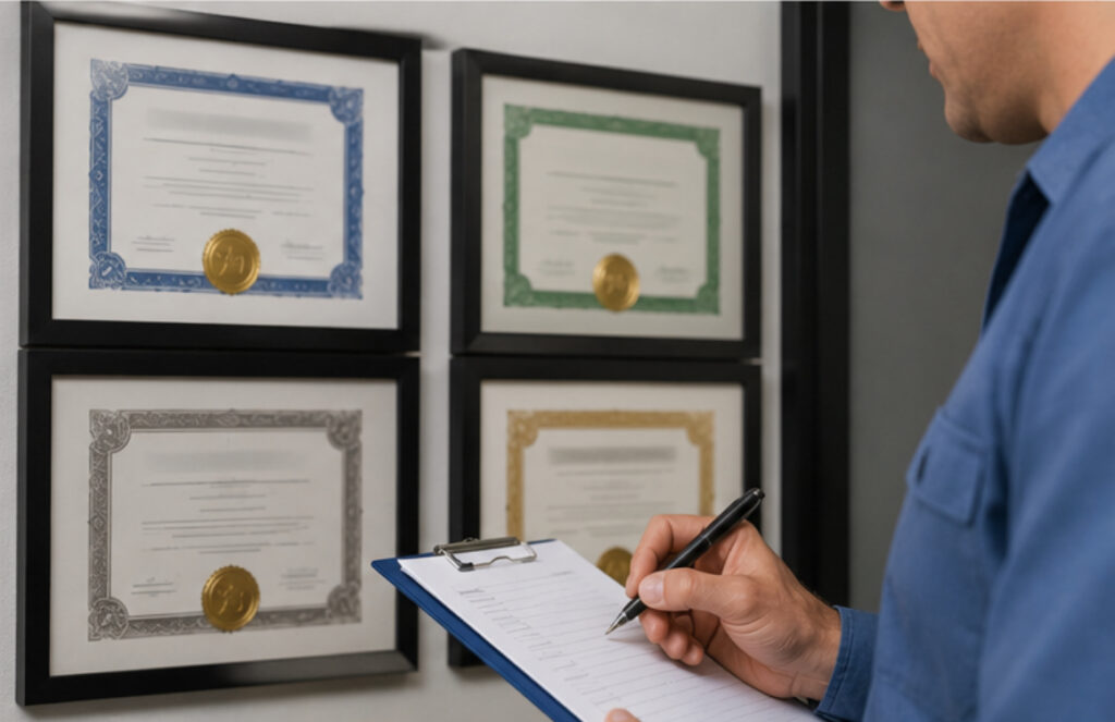 Professional checking air ducts in the DMV area with credentials displayed on the wall to ensure high quality HVAC service.